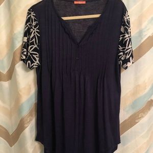 Navy Patterned Sleeves, Pleated Top